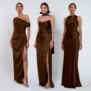 绝美气质咖啡色缎面伴娘服姐妹团礼服小众高级感伴娘裙大码