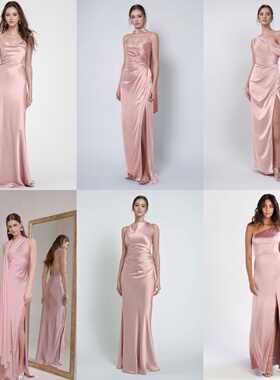 法式绝美粉色缎面姊妹伴娘服生日礼服伴娘裙姐妹服伴娘团