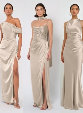 2025绝美气质香槟色缎面姐妹团伴娘服礼服小众高级感伴娘裙大码