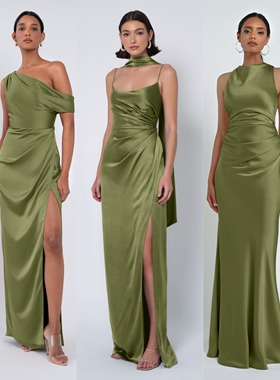 绝美气质苔绿色森系缎面伴娘服姐妹团礼服小众高级感伴娘裙大码