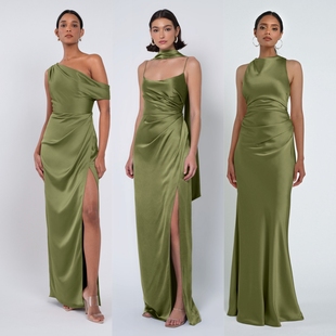 绝美气质苔绿色森系缎面伴娘服姐妹团礼服小众高级感伴娘裙大码