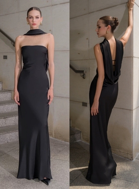 高端轻奢小众缎面长款鱼尾修身气质黑色生日party绝美轻礼服伴娘