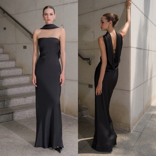 高端轻奢小众缎面长款 气质黑色生日party绝美轻礼服伴娘 鱼尾修身