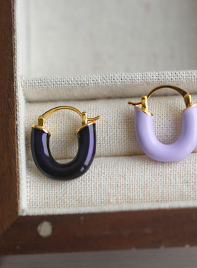 一枝橘 桑果紫 不对称小众紫色滴油奶油感耳环 高级感u型耳针