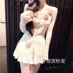 甜美修身玫瑰花朵薄款长袖冰丝针织开衫女LXYG2025春显瘦红上衣秋