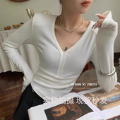 打底衫 YUAN 女内搭上衣 修身 显瘦V领垫肩百搭长袖 XI元 熙6080春韩版