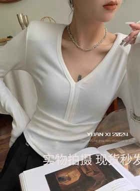 YUAN XI元熙6080春韩版修身显瘦V领垫肩百搭长袖打底衫女内搭上衣