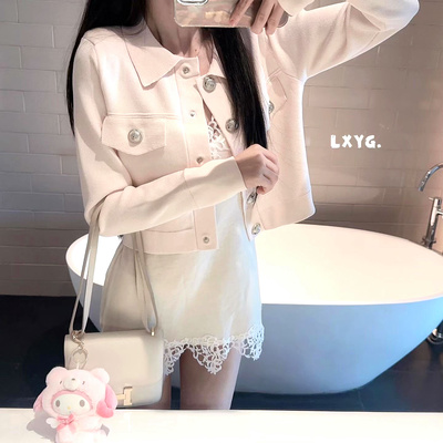 LXYG1186法式气质翻领冰丝长袖外套女金属扣简约短款针织上衣春新