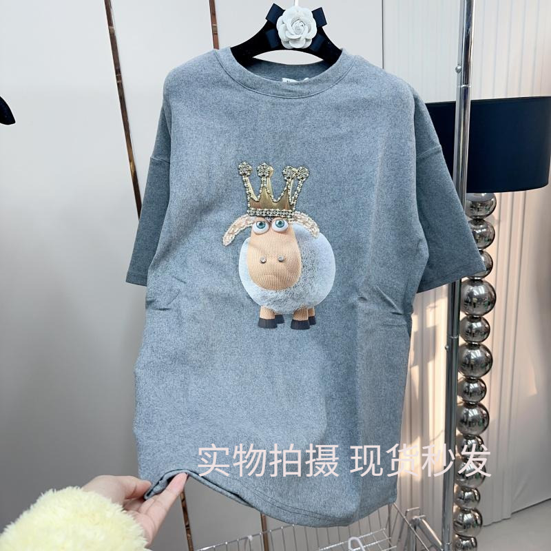 Nn2025春重工镶钻小羊卡通纯棉短袖T恤女磨毛宽松上衣加厚内搭潮