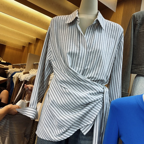 MADEINOST设计感老钱风棉麻条纹POLO领条纹长袖绑带衬衫上衣秋潮