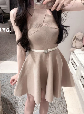 LXYG高级感千金风交叉挂脖针织连衣裙女收腰显瘦别致无袖礼服裙子