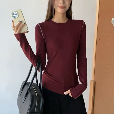 E念8103撞色明线设计感加绒圆领长袖T恤女修身显瘦上衣打底衫秋冬