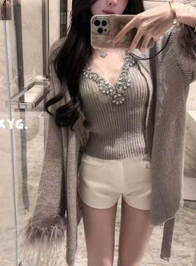 高级感鸵鸟毛重工镶钻吊带背心两件套装针织开衫女LXYG秋冬毛上衣