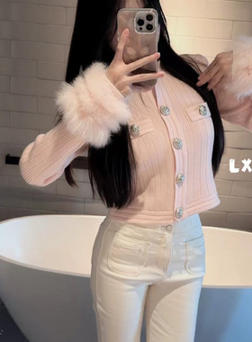 LXYG小香高级感短款精致针织开衫真狐狸毛袖内搭纯欲毛衣外套秋冬