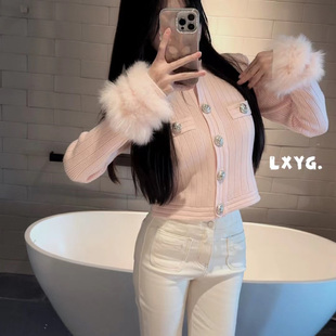 LXYG小香高级感短款精致针织开衫真狐狸毛袖内搭纯欲毛衣外套秋冬