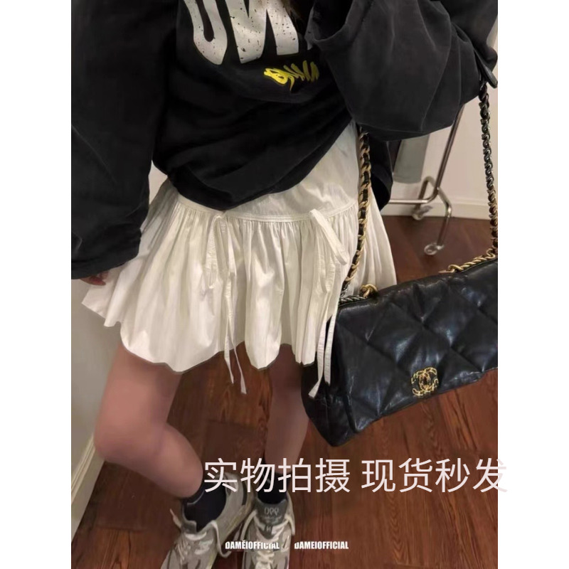 FISH YU2024春夏抽绳蛋糕裙荷叶边白色小短裙高腰防走光半身裙女