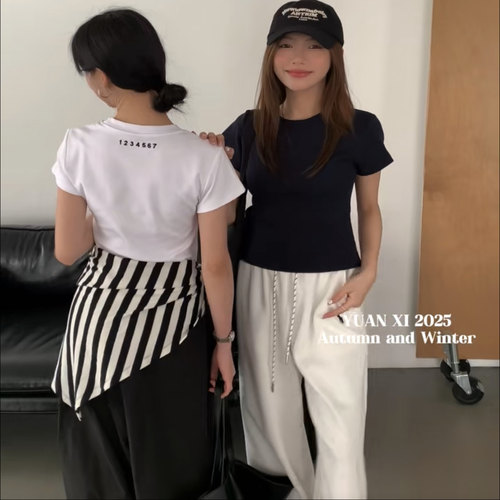 元熙6085设计感后背刺绣数字正肩纸片人圆领简约短袖T恤女打底衫
