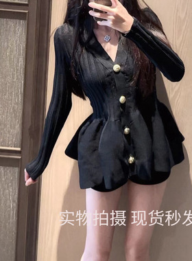 LXYG法式荷叶边V领收腰显瘦花苞裙上衣设计感针织开衫女中长款秋