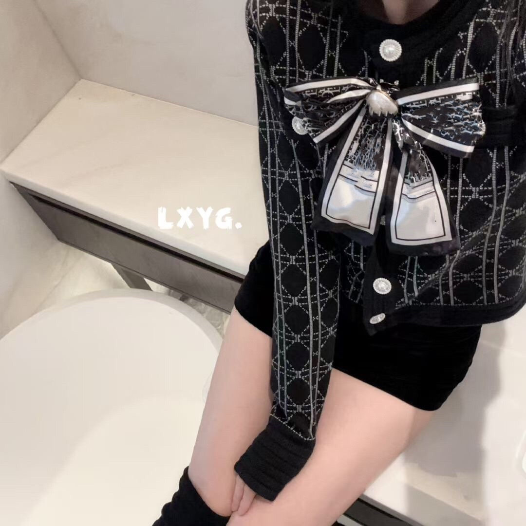 名媛气质轻奢蝴蝶结格纹长袖针织开衫女LXYG秋冬新款千金风毛衣