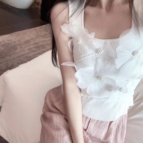 LXYG法式甜美纯欲立体花无袖冰丝背心女修身显瘦气质减龄上衣T恤