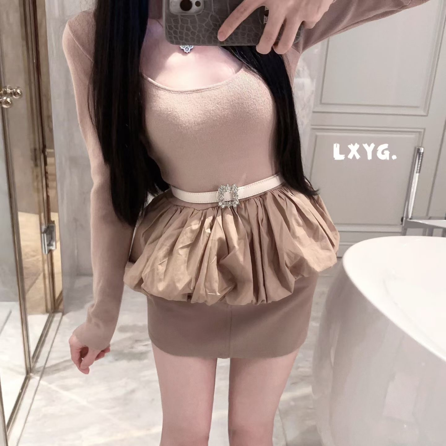 纯欲温柔氛围感褶皱花苞裙长袖U领针织打底衫LXYG少女内搭上衣秋