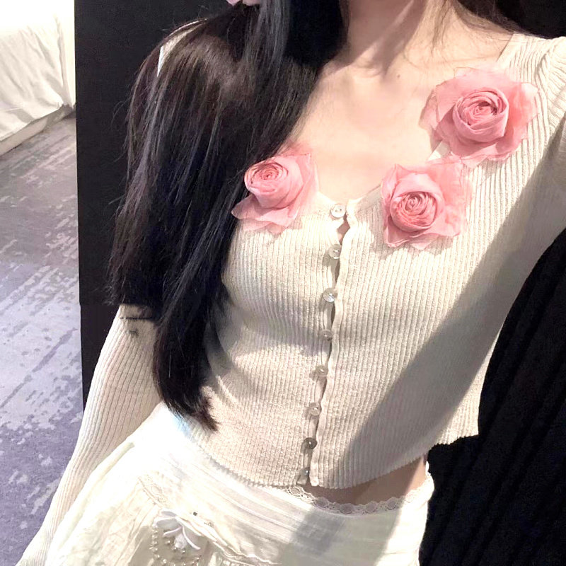 杏色短款修身冰丝针织开衫女LXYG春夏显瘦长袖防晒衣薄款花朵外套图片