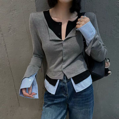 大象ELEPHANT2026早春黑色V领假两件撞色开衫女修身开叉T恤96570