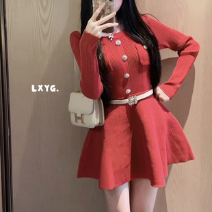 LXYG小香风圆领针织连衣裙女秋冬新款内搭高腰蓬蓬裙毛衣打底裙子