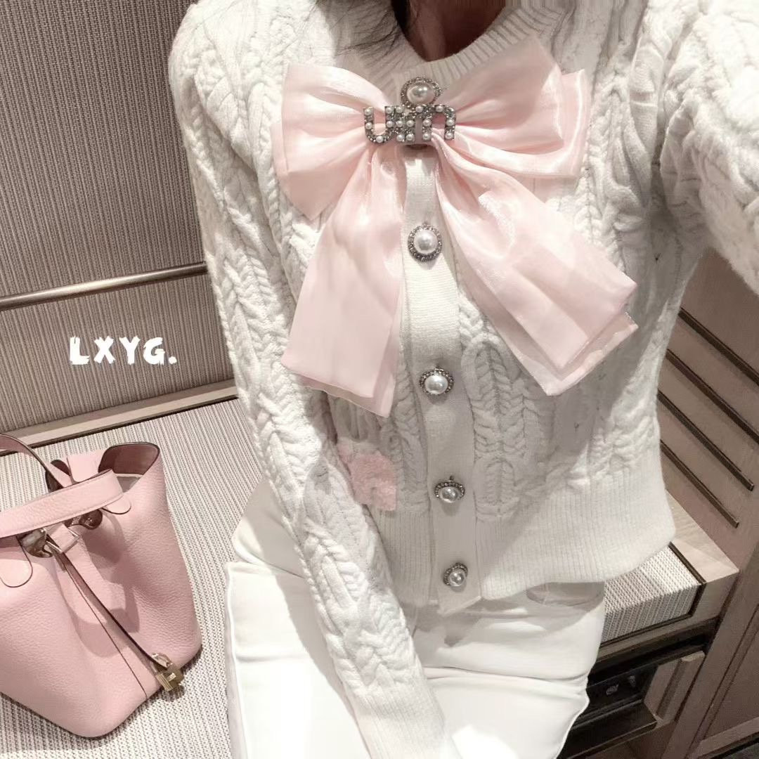 MIU系千金名媛蝴蝶结甜美麻花长袖针织开衫女小个子毛衣LXYG秋冬