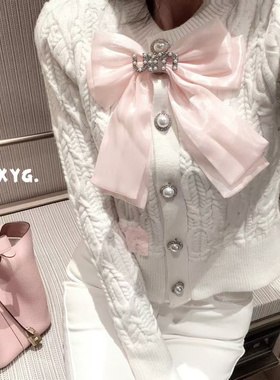 MIU系千金名媛蝴蝶结甜美麻花长袖针织开衫女小个子毛衣LXYG秋冬