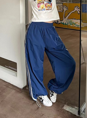 FISH YU夏季轻薄款速干蓝色休闲阔腿美式运动裤透气欧美休闲裤女