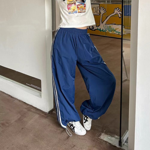 FISH YU夏季轻薄款速干蓝色休闲阔腿美式运动裤透气欧美休闲裤女