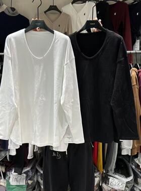 元熙A8053中长款磨毛加绒厚白色打底衫女内搭秋冬V领长袖T恤宽松