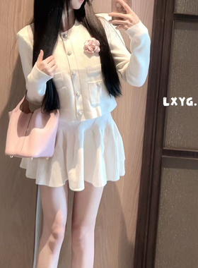 LXYG秋冬小香风山茶花名媛长袖修身打底针织连衣裙开衫外套两件套