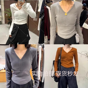 XI元 修身 熙6080 打底衫 上衣冬 3加绒加厚V领垫肩设计弹力长袖 YUAN