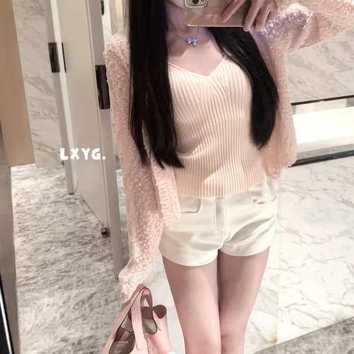 LXYG法式名媛气质V领吊带背心+长袖针织开衫短款外套两件套女秋装