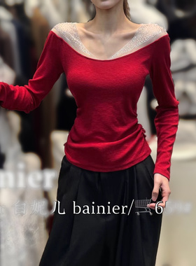 BAI NI ER659纯欲满天星烫钻一字肩设计收腰显瘦长袖上衣女打底衫