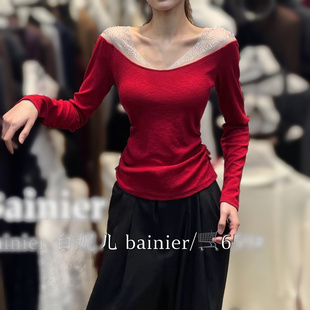 BAI ER659纯欲满天星烫钻一字肩设计收腰显瘦长袖 上衣女打底衫