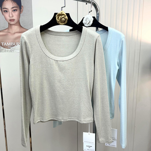 大象ELEPHANT简约大圆领白T恤打底衫女2025春露锁骨修身短款上衣