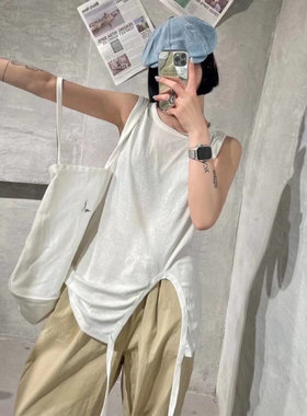 欧货无袖T恤女外穿夏季元熙A6085设计感开叉纯棉背心打底衫潮宽松