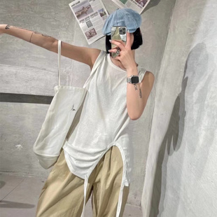 欧货无袖T恤女外穿夏季元熙A6085设计感开叉纯棉背心打底衫潮宽松