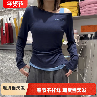 元熙6157假两件刺绣斜肩天丝长袖T恤女2026春新款修身打底衫上衣