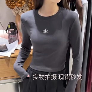 显瘦打底衫 T恤女修身 短上衣 熙6282字母刺绣圆领垫肩设计感长袖 元