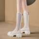 夏天长靴女镂空薄款 透气厚底v口凉靴系带网纱骑士靴夏季 高筒网靴