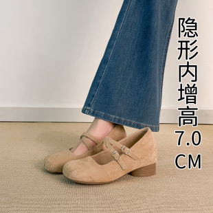复古粗跟方头单鞋 法式 新款 女2026春夏季 女. 玛丽珍内增高7CM小皮鞋