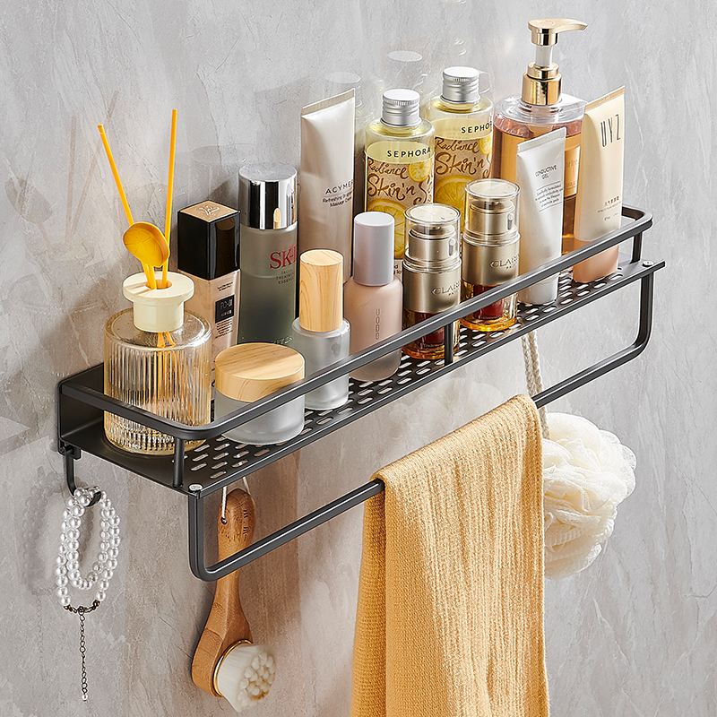 太空铝卫生间置物架浴室收纳架厕所洗漱台化妆品带挂钩免打孔单层