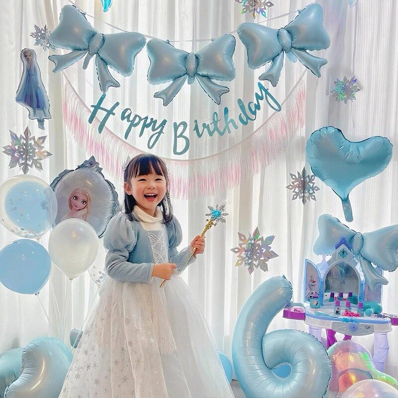 冰雪奇缘主题蓝色系生日派对装扮布置套餐艾莎气球蝴蝶结背景装饰