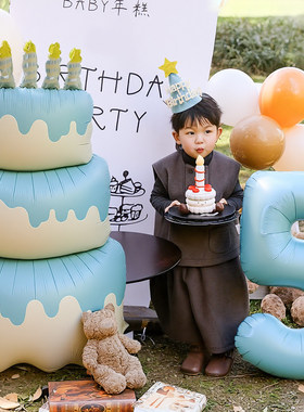 男孩生日装饰布置套餐超大蛋糕数字气球蓝色儿童氛围感拍照道具