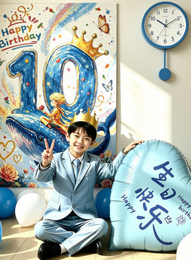 10岁男孩生日数字海报挂布气球蓝色12周岁拍照装饰场景派对背景布