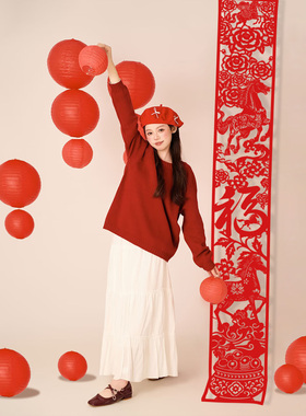 原创元旦马年红色剪纸条幅挂饰装饰新年写真拍照道具手持全家福